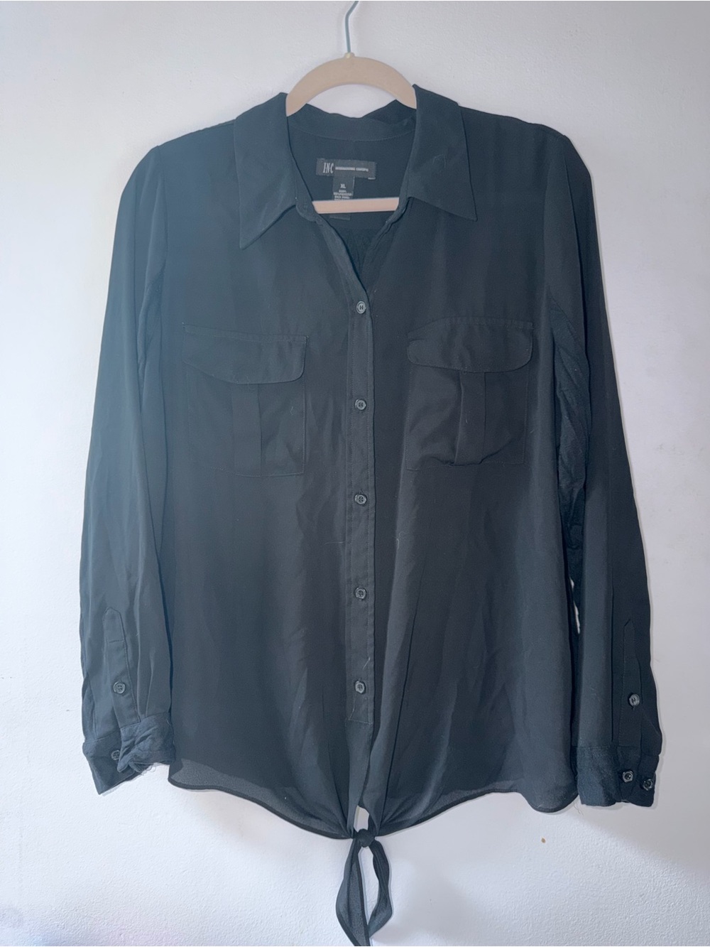 INC International Concepts Black Button-Front Blouse with Tie Hem